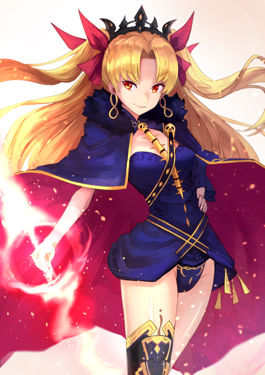 1girl blonde_hair blue_cape blue_leotard cape closed_mouth cowboy_shot earrings ereshkigal_(fate/grand_order) eyebrows_visible_through_hair fur_trim hand_on_hip highres holding holding_weapon jewelry leotard long_hair looking_at_viewer necklace red_eyes sawawse smile solo spine standing thigh-highs tohsaka_rin two_side_up weapon white_background
