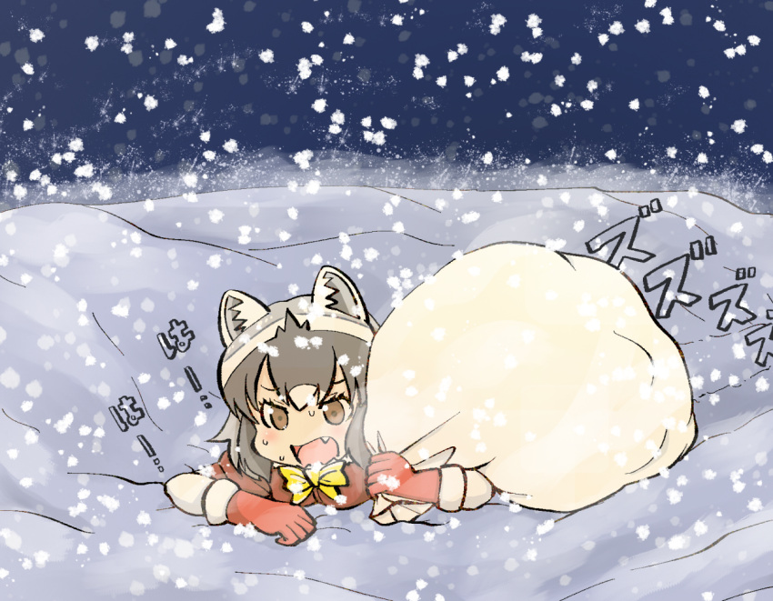 1girl a-king alternate_costume animal_ears black_hair blush bow bowtie brown_eyes buried common_raccoon_(kemono_friends) fang gloves grey_hair holding kemono_friends multicolored_hair night night_sky open_mouth outdoors raccoon_ears red_gloves sack santa_costume sky snow snowing solo sweatdrop tired yellow_neckwear