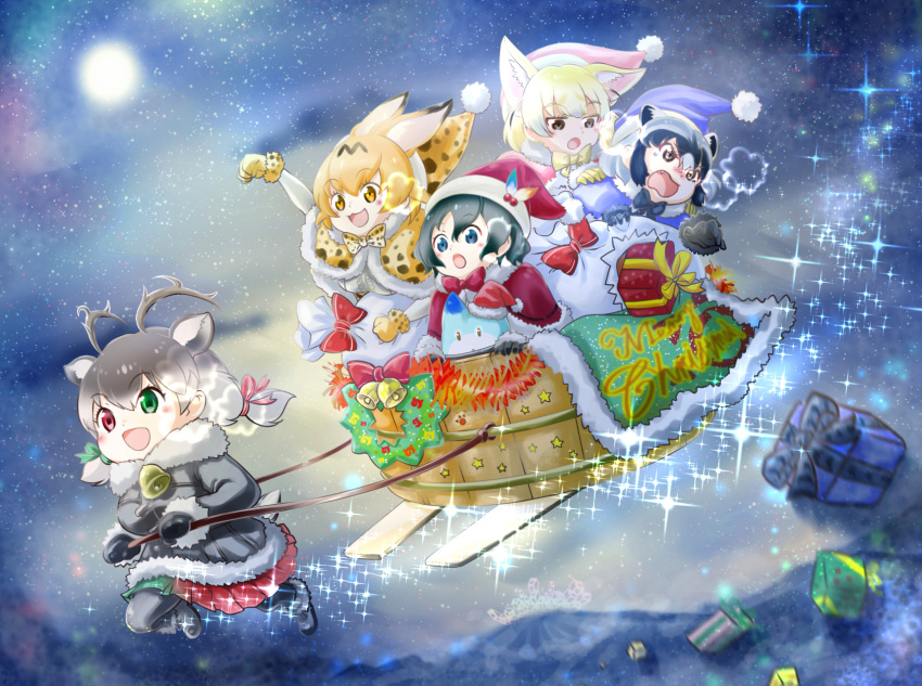 5girls :d :o adapted_costume animal_ears antlers bell bell_collar black_gloves black_hair black_legwear black_neckwear blonde_hair blue_eyes blue_hat blush bow bowtie box brown_eyes capelet chiffon collar common_raccoon_(kemono_friends) extra_ears eyebrows_visible_through_hair fang fennec_(kemono_friends) fox_ears fur_collar fur_trim gift gift_box gloves gradient_skirt green_eyes green_skirt grey_hair hands_on_another's_shoulders hat hat_ornament heterochromia highres japari_symbol kaban_(kemono_friends) kemono_friends long_sleeves lucky_beast_(kemono_friends) merry_christmas mini_hat miniskirt multicolored_hair multiple_girls night night_sky open_mouth pantyhose partial_commentary pink_hat pleated_skirt print_capelet print_hat print_neckwear raccoon_ears red_bow red_eyes red_hat red_neckwear red_skirt reindeer_(kemono_friends) reindeer_antlers reindeer_ears reindeer_tail sack sandstar santa_hat serval_(kemono_friends) serval_ears serval_print short_hair skirt sky sled smile sparkle star_(sky) tail tears tub yellow_neckwear