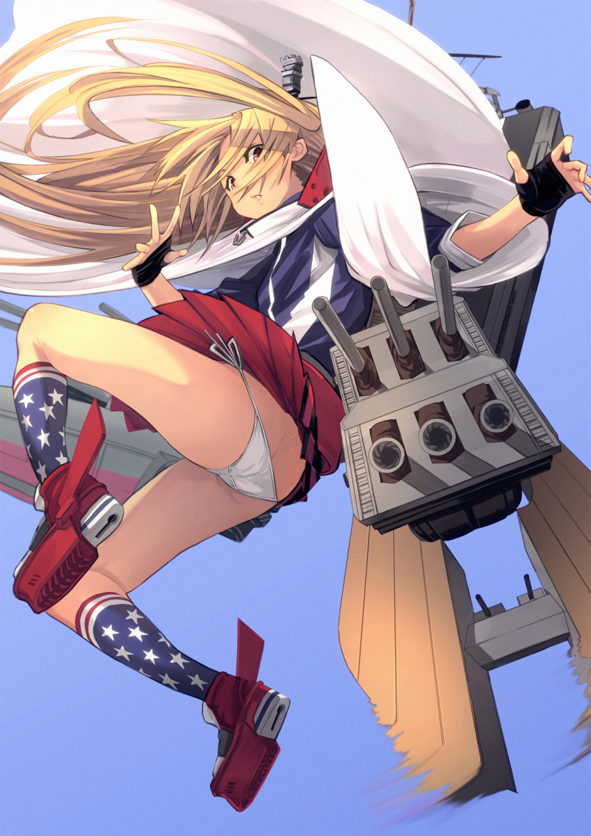 1girl american_flag_legwear ankle_boots ass azur_lane bangs black_gloves blonde_hair blue_background blue_jacket boots butt_crack cannon cape cleveland_(azur_lane) commentary_request falling fingerless_gloves fu-ta gloves hair_over_eyes highres jacket long_hair looking_at_viewer lowleg lowleg_panties machinery panties pleated_skirt red_eyes red_skirt side-tie_panties simple_background skirt skirt_lift socks solo two_side_up underwear white_cape white_panties wind wind_lift