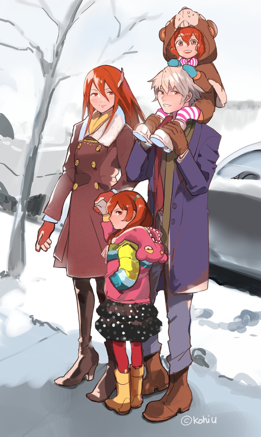 1boy 3girls absurdres armor blush carrying father_and_daughter fire_emblem fire_emblem:_kakusei gloves highres hood husband_and_wife jacket kohiu long_hair male_my_unit_(fire_emblem:_kakusei) mark_(fire_emblem) mother_and_daughter multiple_girls my_unit_(fire_emblem:_kakusei) open_mouth pantyhose red_eyes redhead selena_(fire_emblem) short_hair smile snow cordelia_(fire_emblem) twintails white_hair winter_clothes younger
