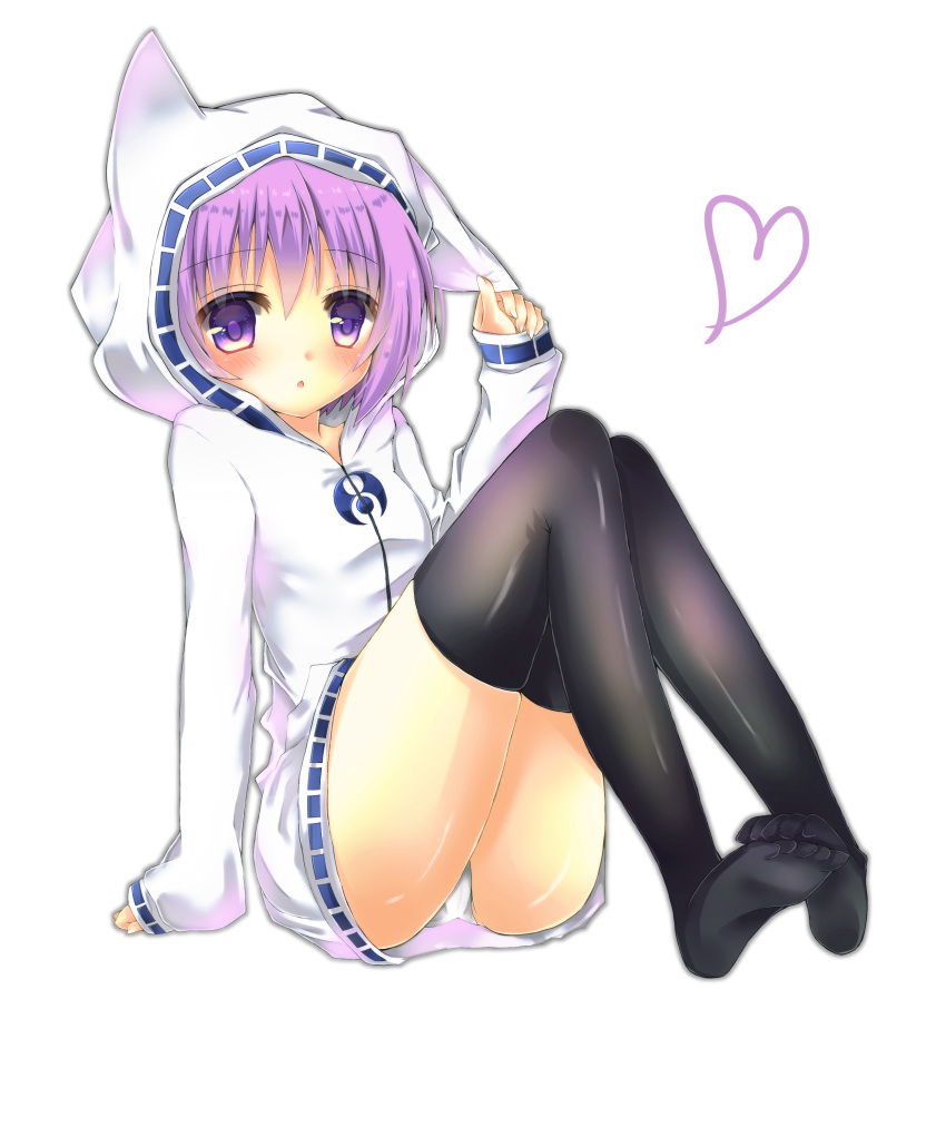1girl absurdres animal_hood arm_support bangs black_legwear blush cat_hood chestnut_mouth commentary_request eyebrows_visible_through_hair fingernails full_body funakoshi hair_between_eyes heart highres hood hood_up hoodie long_sleeves looking_at_viewer myu_(quiz_magic_academy) no_shoes panties parted_lips purple_hair quiz_magic_academy short_hair simple_background sleeves_past_wrists soles solo thigh-highs underwear violet_eyes white_background white_hoodie white_panties