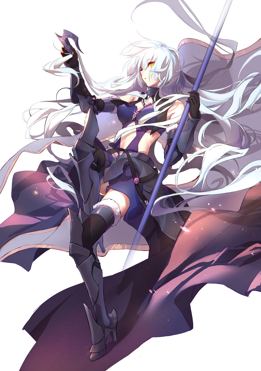 1girl absurdres armor armored_boots armored_dress bangs bare_shoulders black_legwear boots breasts chains elbow_gloves fate/grand_order fate_(series) flag from_side full_body fur_trim gauntlets gloves greaves headpiece_removed high_heel_boots high_heels highres jeanne_d'arc_(alter)_(fate) jeanne_d'arc_(fate)_(all) long_hair luciana1 medium_breasts midriff navel parted_lips solo stomach thigh-highs very_long_hair white_hair yellow_eyes