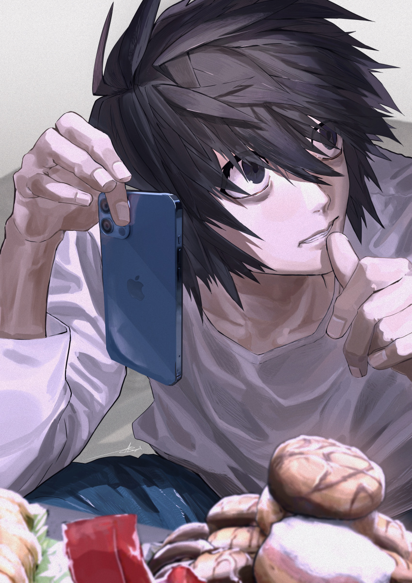 1boy absurdres bangs black_eyes blue_pants cellphone collarbone death_note food grin hair_between_eyes highres holding holding_phone l_(death_note) long_sleeves looking_to_the_side male_focus ossan_zabi_190 pants phone shirt signature smartphone smile solo squatting white_shirt