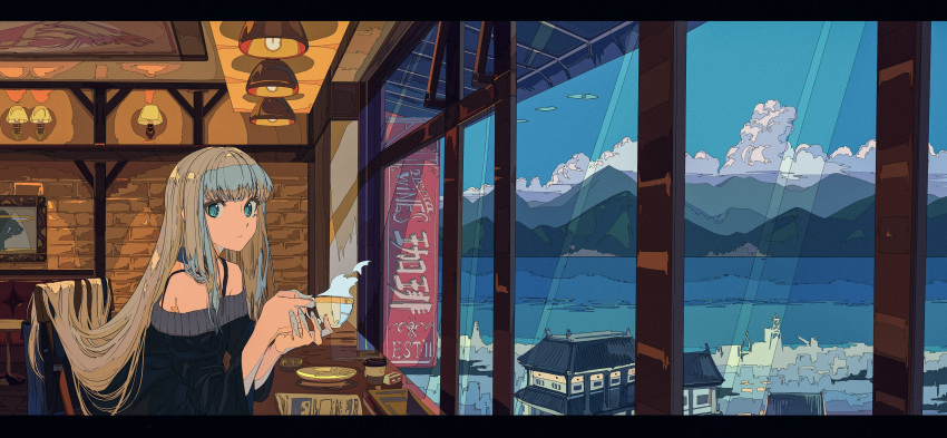 1girl absurdres bangs bare_shoulders blue_eyes brown_hair cafe closed_mouth cup day hand_up highres indoors kogecha_(coge_ch) letterboxed long_hair long_sleeves looking_at_viewer original ribbed_sweater saucer scenery sitting solo sweater teacup very_long_hair wide_sleeves window
