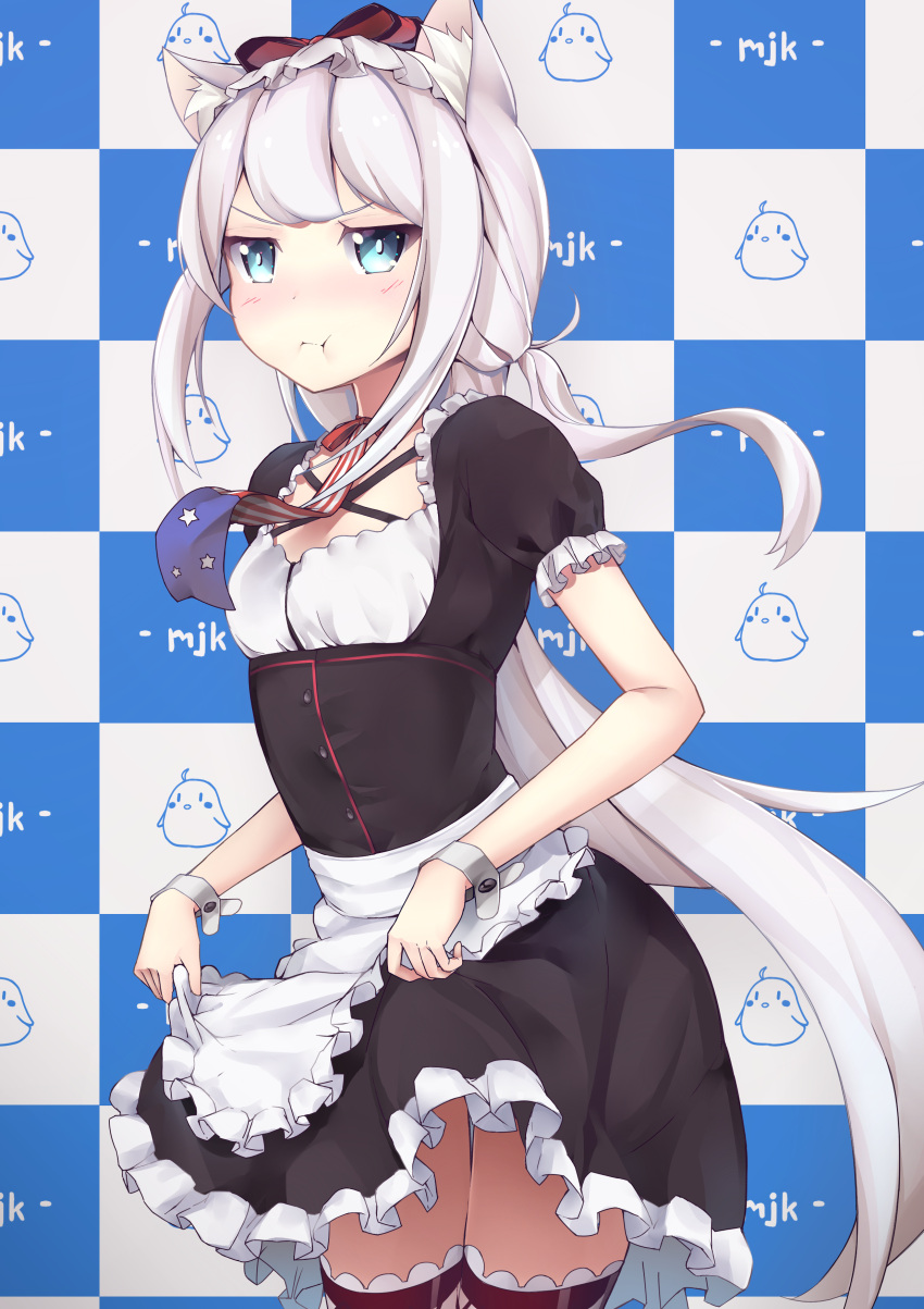 1girl :t absurdres animal_ears apron azur_lane bangs black_dress blue_eyes blush bow bright_pupils cat_ears checkered checkered_background closed_mouth cowboy_shot dress dress_lift flat_chest frilled_apron frilled_sleeves frills hair_bow hammann_(azur_lane) highres kureha_(angelite) lifted_by_self long_hair looking_at_viewer neck_ribbon nose_blush pout puffy_short_sleeves puffy_sleeves red_legwear ribbon short_sleeves sidelocks silver_hair solo standing striped striped_bow thigh-highs thigh_gap v-shaped_eyebrows waist_apron white_apron wrist_cuffs