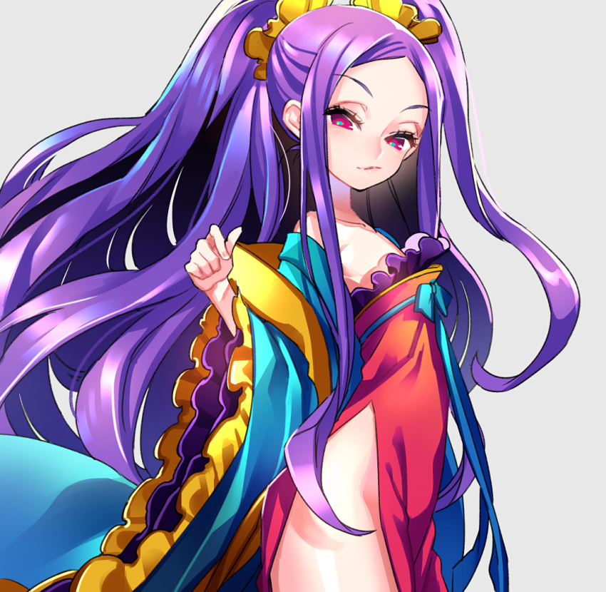 1girl bare_shoulders blue_pupils bow chinese_clothes cowboy_shot fate/grand_order fate_(series) from_side grey_background hanfu long_hair long_sleeves looking_at_viewer looking_to_the_side no_panties off_shoulder pelvic_curtain pink_eyes sash shawl simple_background solo standing very_long_hair wide_sleeves wu_zetian_(fate/grand_order) yosi135