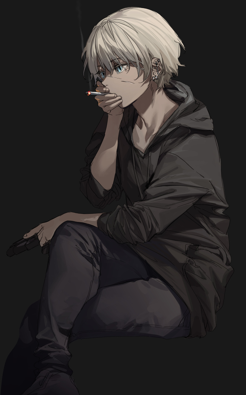 1girl absurdres bangs black_background black_hoodie black_pants blonde_hair blue_eyes cigarette crossed_legs earrings highres holding holding_cigarette hood hoodie jewelry original pants rff_(3_percent) scar scar_on_face short_hair simple_background sitting smoking solo