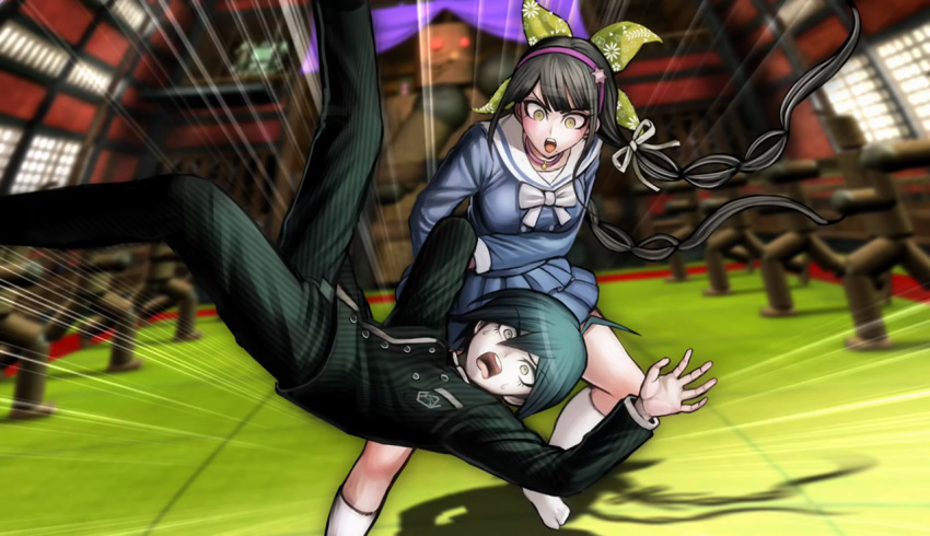 1boy 1girl ahoge aikidou black_hair chabashira_tenko dangan_ronpa dojo eyelashes gakuran game_cg hair_ornament hair_ribbon holding kneehighs komatsuzaki_rui layered_skirt long_hair miniskirt new_dangan_ronpa_v3 official_art open_mouth pinstripe_pattern pleated_skirt ribbon saihara_shuuichi school_uniform serafuku shadow skirt striped surprised sweatdrop throwing twintails white_legwear wooden_figure yellow_eyes