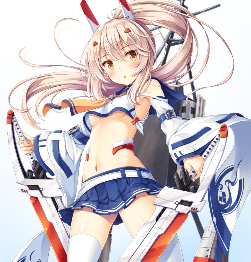 1girl :o akashio_(loli_ace) arm_belt armpits ayanami_(azur_lane) azur_lane bangs bare_shoulders blonde_hair blue_sailor_collar blue_skirt blush breasts commentary_request cowboy_shot crop_top detached_sleeves dual_wielding eyebrows_visible_through_hair hair_between_eyes headgear highres holding holding_sword holding_weapon long_hair looking_at_viewer machinery miniskirt navel neckerchief orange_eyes orange_neckwear parted_lips pleated_skirt ponytail sailor_collar school_uniform serafuku skirt small_breasts solo standing sword thigh-highs weapon white_legwear