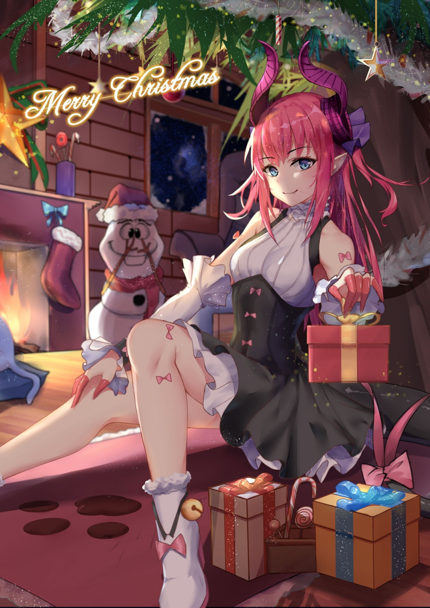 1girl bangs bell blue_eyes boots candy candy_cane christmas christmas_stocking christmas_tree claws detached_sleeves dragon_tail dress elizabeth_bathory_(fate) elizabeth_bathory_(fate)_(all) fang fang_out fate/extra fate/extra_ccc fate_(series) fireplace food garland_(decoration) gift hand_on_own_knee highres holding holding_gift horns indoors jingle_bell layered_skirt lollipop long_hair looking_at_viewer merry_christmas on_floor pink_hair pink_ribbon pointy_ears ribbon rug sitting sleeveless sleeveless_dress snowman solo star swirl_lollipop tail underbust white_footwear yoruciel