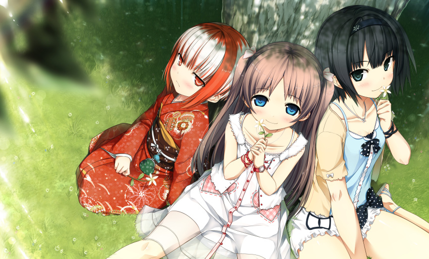 3girls :/ absurdres arishima_alice black_eyes black_hair blue_eyes blush breasts brown_hair casual closed_mouth cura dress enty_reward eyebrows_visible_through_hair flower girl_sandwich grass hairband highres holding holding_flower japanese_clothes kimono long_sleeves looking_at_viewer monobeno multicolored_hair multiple_girls obi outdoors paid_reward red_eyes red_kimono redhead ribbon sandwiched sash sawai_natsuha short_hair sidelocks sitting small_breasts smile sumi_(monobeno) tree twintails two-tone_hair two_side_up under_tree watch watch white_hair