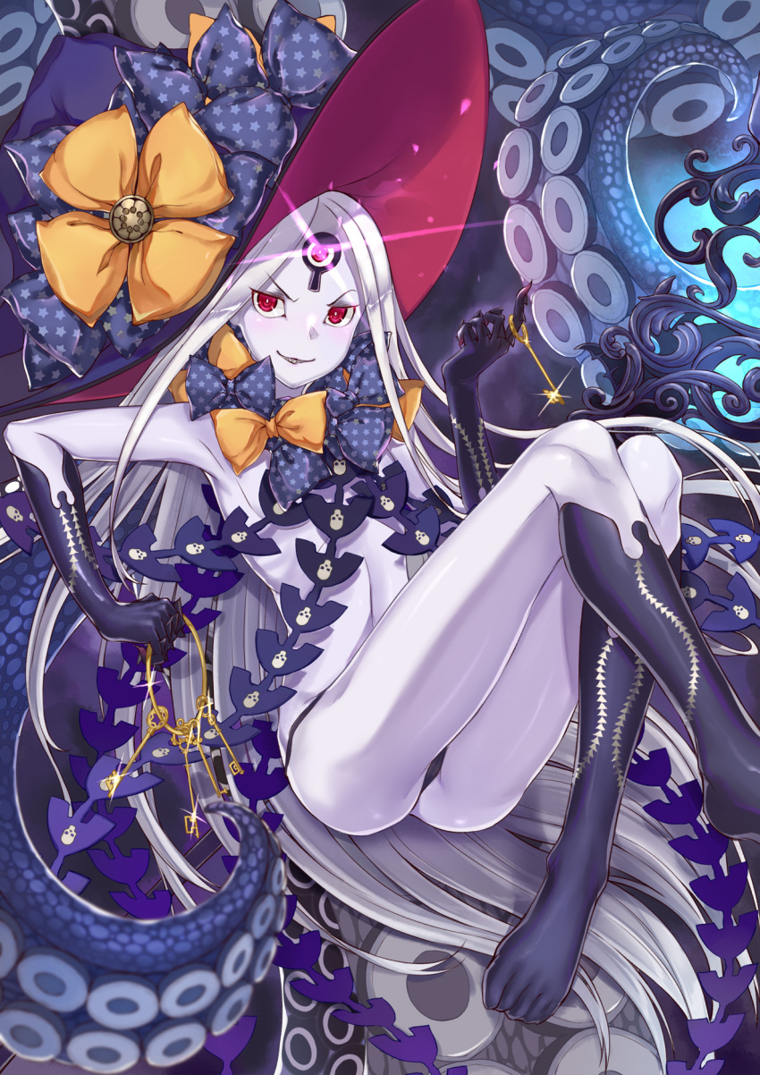 1girl abigail_williams_(fate/grand_order) black_bow black_panties bow e_neko fate/grand_order fate_(series) grey_hair hat highres holding_key keychain keyhole long_hair looking_at_viewer orange_bow pale_skin panties red_eyes smile solo star star_print tentacle third_eye underwear very_long_hair witch_hat