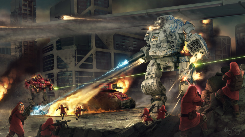 6+boys anthony_scroggins_(shimmering_sword) arm_cannon armor backpack bag battle battletech beam beam_gun blood boots burning city cyborg damaged draconis_combine energy_weapon explosion fire flamethrower goggles goggles_on_head greaves gun highres holster laser looking_at_viewer looking_back machine_gun malak_(battletech) manei_domini mecha missile multiple_boys particle_projector_cannon pouch red_robe robe rocket_launcher scope smoke sunder_(battletech) urban walker war weapon word_of_blake wreckage