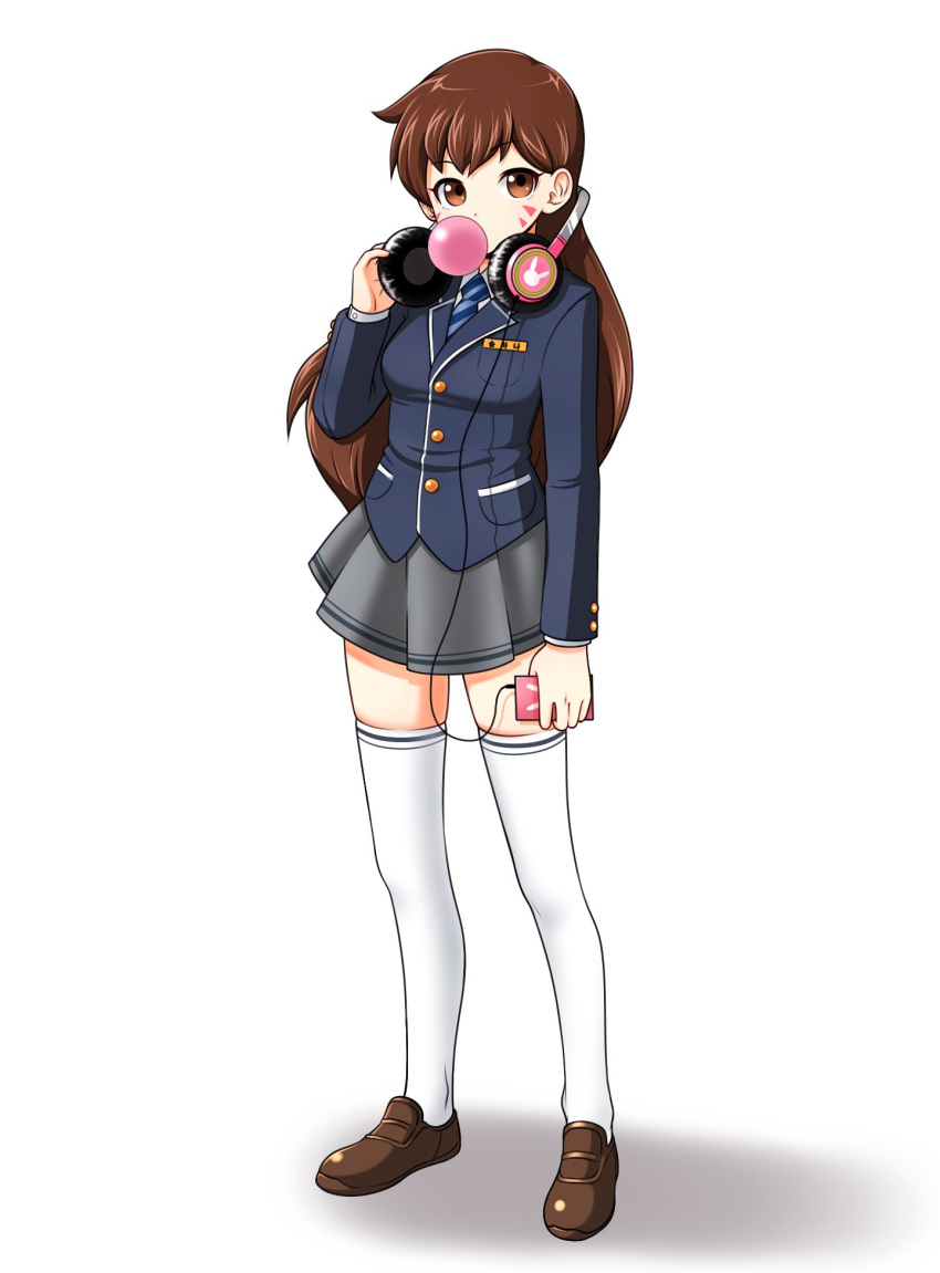 1girl blazer blush breasts brown_footwear brown_hair bubble_blowing cable d.va_(overwatch) eron eyebrows_visible_through_hair facial_mark full_body grey_skirt head_tilt headphones headphones_around_neck highres holding jacket loafers long_hair long_sleeves looking_at_viewer medium_breasts pleated_skirt school_uniform shadow shoes simple_background skirt solo standing thigh-highs very_long_hair white_background white_legwear