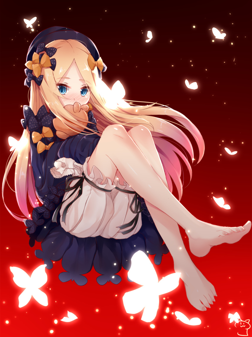 1girl abigail_williams_(fate/grand_order) bangs barefoot black_bow black_dress black_hat blonde_hair bloomers blue_eyes blush bow butterfly commentary_request covered_mouth dress eyebrows_visible_through_hair fate/grand_order fate_(series) full_body hair_bow hat highres long_hair long_sleeves looking_at_viewer nahaki nose_blush object_hug orange_bow parted_bangs polka_dot polka_dot_bow red_background simple_background sitting sleeves_past_wrists solo stuffed_animal stuffed_toy teddy_bear toenails underwear very_long_hair white_bloomers