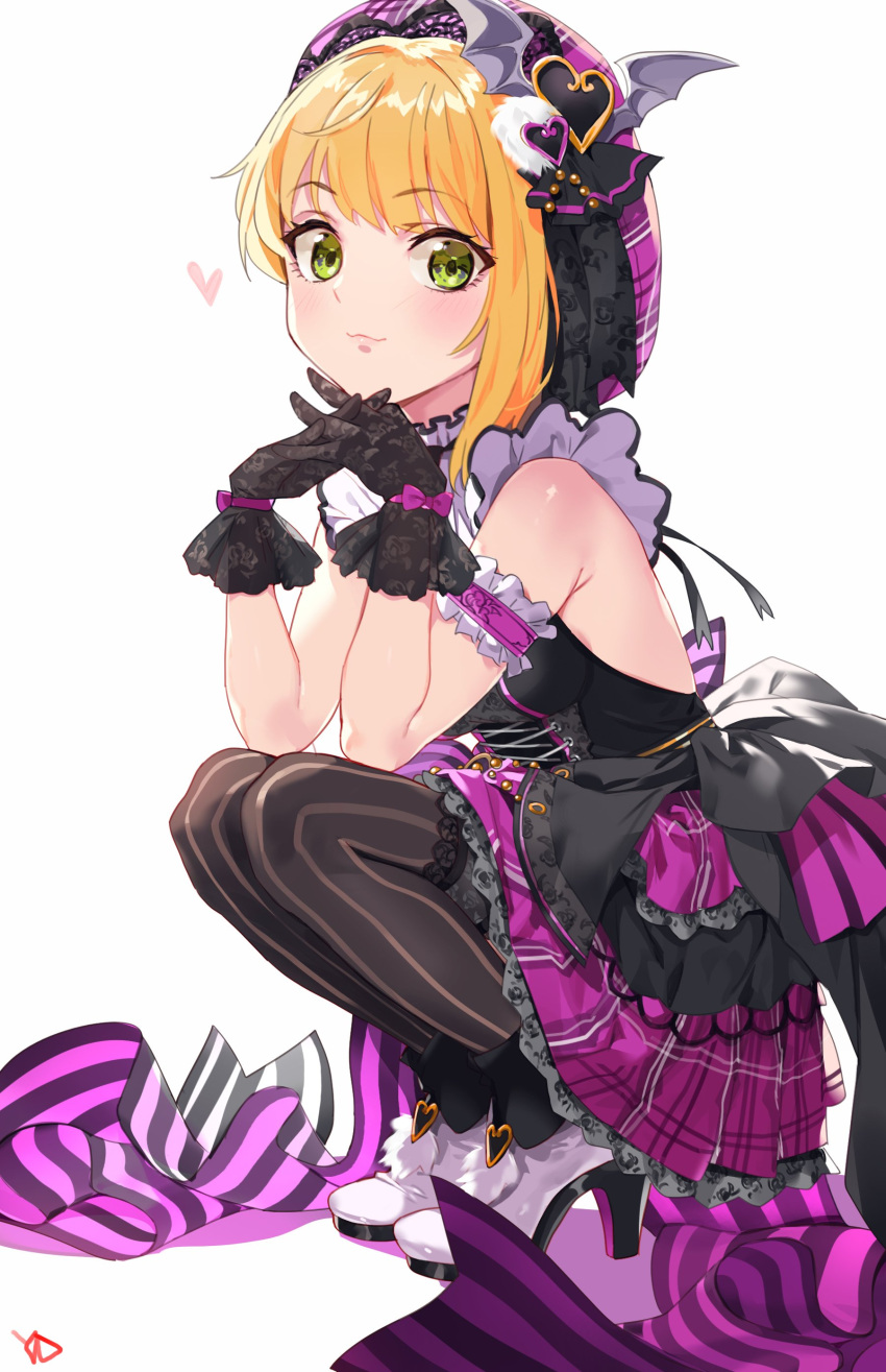 1girl absurdres arm_garter bangs bare_shoulders black_gloves blonde_hair blush boots breasts chin_rest closed_mouth commentary_request corset dress elbows_on_knees eyebrows_visible_through_hair from_side full_body gloves green_eyes hair_ornament hat heart high_heel_boots high_heels highres idolmaster idolmaster_cinderella_girls interlocked_fingers legs_together looking_at_viewer medium_breasts miyamoto_frederica open-back_dress own_hands_together pantyhose pink_hat pink_skirt short_hair signature skirt smile solo squatting yang-do
