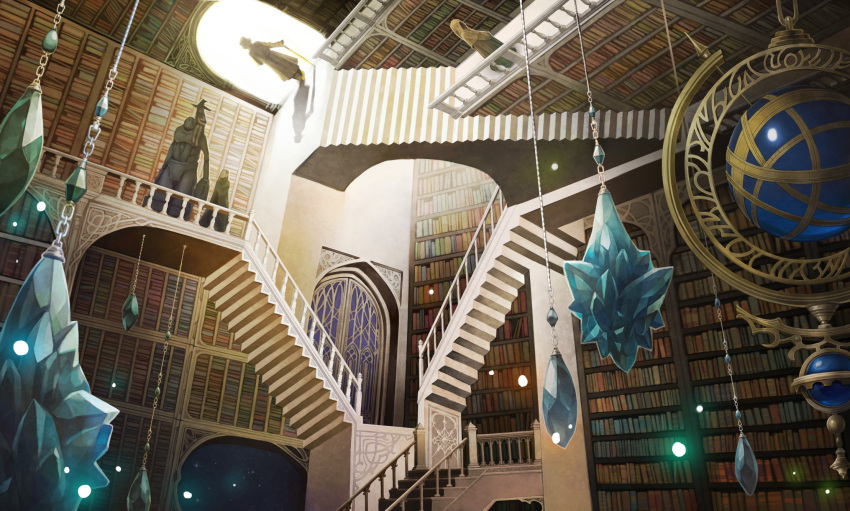 book chains crystal fantasy fine_art_parody gate hat highres indoors library magic orb original parody relativity sachi_(yumemayoi) scenery sky stairs standing star_(sky) starry_sky upside-down witch witch_hat
