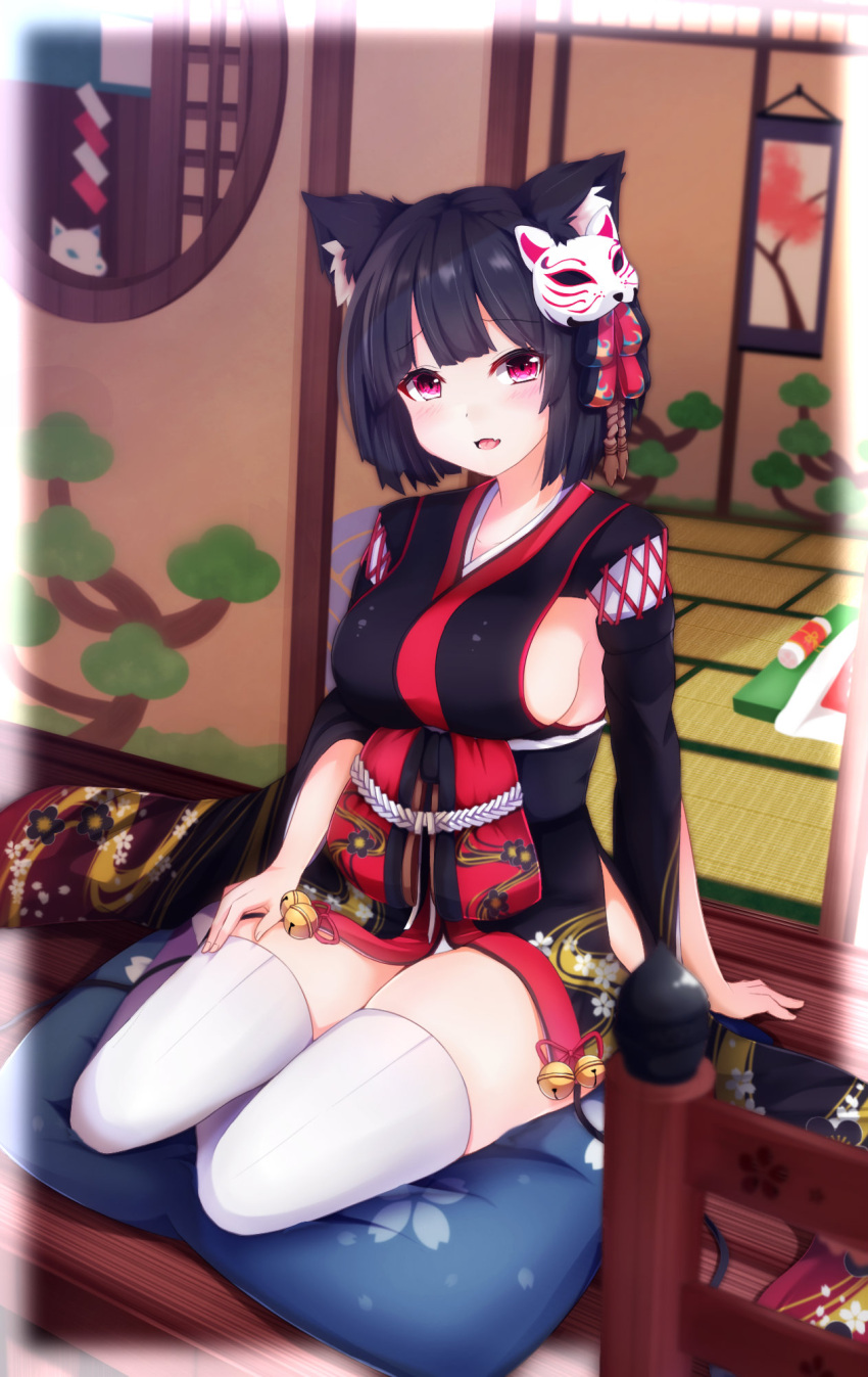 1girl :d animal_ears arm_at_side azur_lane bangs black_hair black_kimono blunt_bangs blush bow breasts cat_ears eyebrows_visible_through_hair fading_borders floral_print full_body futon hand_on_lap highres indoors japanese_clothes kimono long_sleeves looking_at_viewer mask mask_on_head medium_breasts nya_rl obi on_floor open_mouth panties pantyshot pantyshot_(sitting) pillow pink_eyes red_bow sash scroll short_hair sideboob sitting sliding_doors smile solo tatami thigh-highs thighs underwear white_legwear white_panties wide_sleeves wooden_floor yamashiro_(azur_lane) yokozuwari