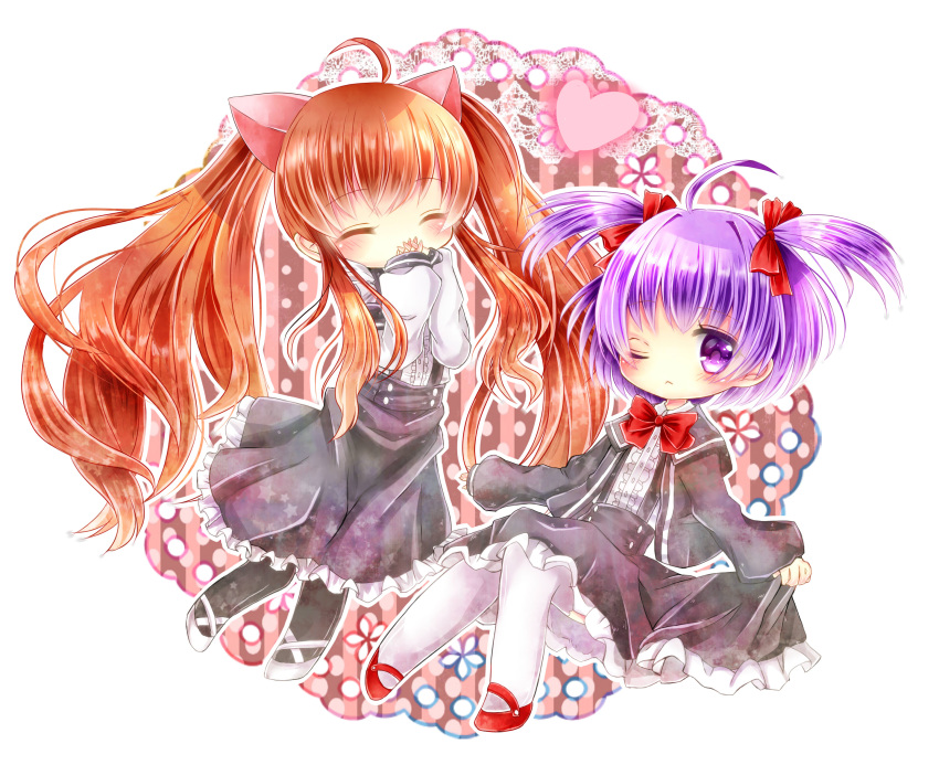2girls ;&lt; ahoge aloe_(quiz_magic_academy) aloe_(quiz_magic_academy)_(cosplay) animal_ears bangs black_blazer black_legwear black_skirt blazer blush bow bowtie brown_hair cat_ears center_frills chibi closed_eyes closed_mouth commentary_request cosplay costume_switch covered_mouth detached_sleeves eyebrows_visible_through_hair frilled_skirt frills funakoshi hair_between_eyes heart high-waist_skirt highres jacket long_hair long_sleeves looking_at_viewer multiple_girls myu_(quiz_magic_academy) myu_(quiz_magic_academy)_(cosplay) open_blazer open_clothes open_jacket pantyhose polka_dot purple_hair quiz_magic_academy red_footwear red_neckwear school_uniform shirt skirt skirt_hold sleeves_past_wrists striped suspender_skirt suspenders thigh-highs twintails two_side_up vertical_stripes very_long_hair violet_eyes white_footwear white_legwear white_shirt