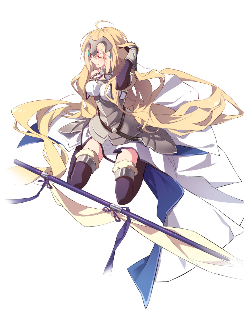 1girl ahoge bangs bare_shoulders black_gloves black_legwear blonde_hair breasts chains closed_eyes closed_mouth elbow_gloves fate/grand_order fate_(series) faulds flag full_body fur_trim gloves hair_flip headpiece highres jeanne_d'arc_(fate) jeanne_d'arc_(fate)_(all) kneeling long_hair luciana1 medium_breasts smile solo thigh-highs very_long_hair