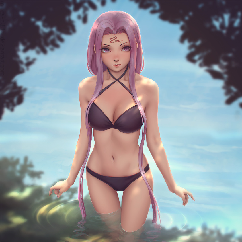 1girl bikini black_bikini blurry breasts cleavage depth_of_field facial_mark fate/stay_night fate_(series) forehead_mark hair_intakes highres light_smile long_hair medium_breasts medusa_(fate)_(all) miura-n315 navel parted_lips purple_hair realistic rider ripples solo swimsuit very_long_hair violet_eyes wading