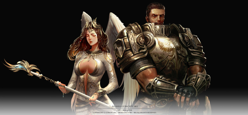 1boy 1girl all_kill angel_wings armor art_slow black_gloves bracelet breastplate breasts brown_hair chainmail cleavage cleavage_cutout closed_eyes concept_art copyright_name cowboy_shot crown facial_hair facing_viewer gloves hair_tubes highres holding holding_staff jewelry long_hair medium_breasts muscle mustache sideburns staff wings