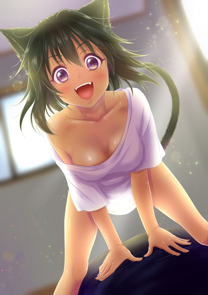 1girl :d absurdres animal_ears bare_legs bedroom black_hair blue_eyes blurry blush bottomless breasts cat_ears cat_tail cleavage collarbone dark_skin depth_of_field dutch_angle eyebrows_visible_through_hair eyelashes fangs fingernails hair_intakes highres idolmaster idolmaster_cinderella_girls indoors kemonomimi_mode large_breasts leaning_forward light_particles lips looking_at_viewer messy_hair morning natalia_(idolmaster) open_mouth oversized_clothes pov shiny shiny_skin shirt short_hair smile solo_focus straddling tail teeth v-shaped_eyebrows waking_up white_shirt window yuki_sizuku