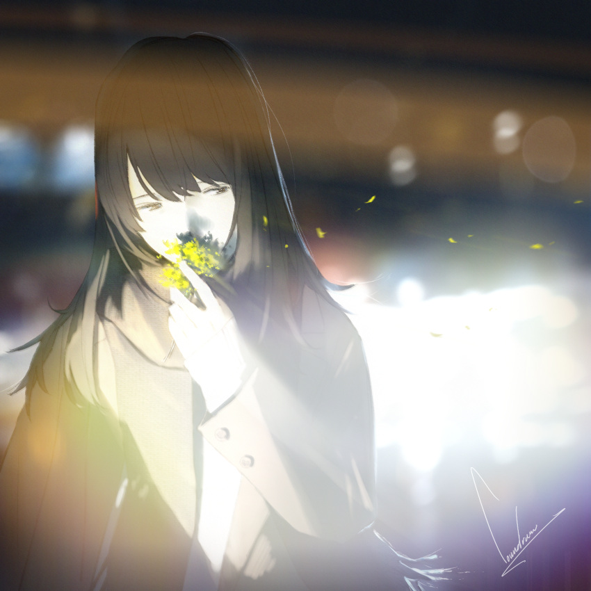 1girl bangs black_hair blurry blurry_background brown_eyes coat commentary_request depth_of_field flower half-closed_eyes highres holding holding_flower long_hair long_sleeves looking_to_the_side loundraw original signature smelling smelling_flower solo upper_body