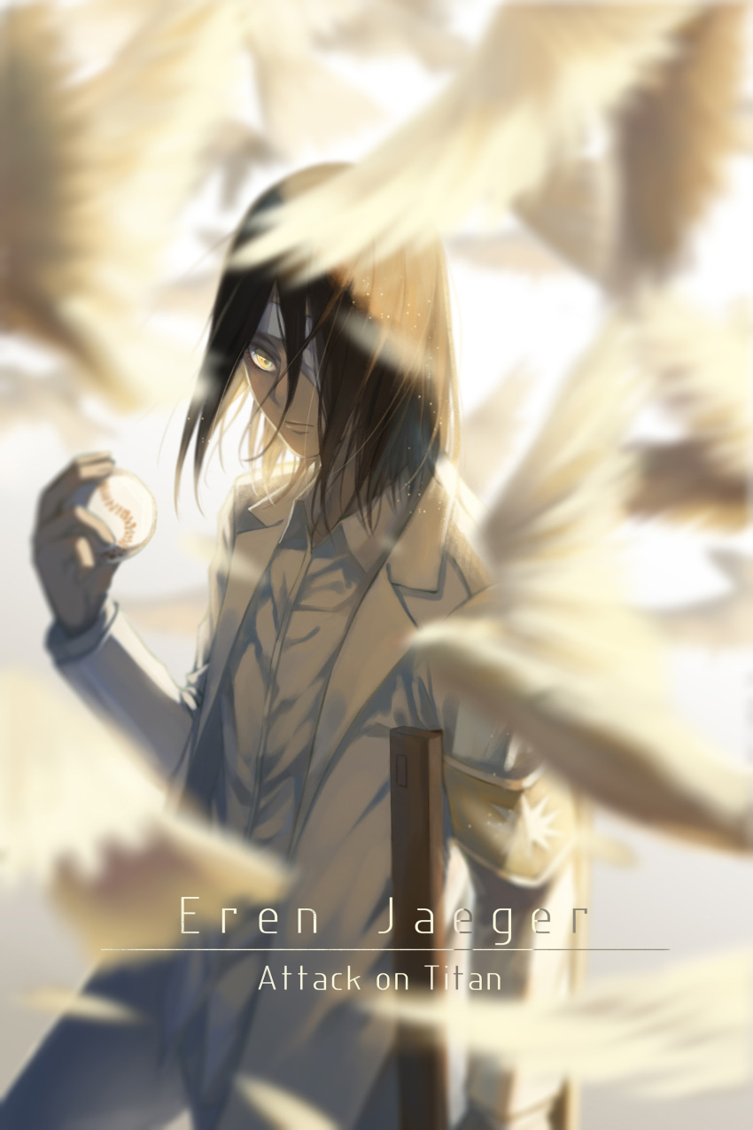 1boy absurdres ball bandage_over_one_eye bird brown_hair closed_mouth coat crutch eren_yeager hair_over_face hangyifan97 highres holding holding_ball long_hair looking_at_viewer one_eye_covered shingeki_no_kyojin shirt solo text waist white_coat white_shirt yellow_eyes