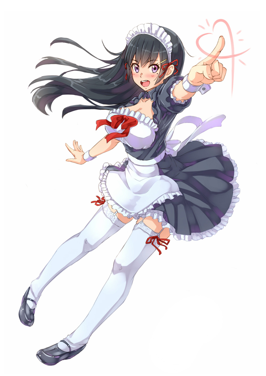 1girl alternate_costume apron black_dress black_hair dress enmaided frills garter_straps highres kazeno long_hair looking_at_viewer maid maid_headdress mole mole_under_eye open_mouth original pointing puffy_short_sleeves puffy_sleeves short_sleeves simple_background solo thigh-highs violet_eyes waist_apron white_background white_legwear wrist_cuffs