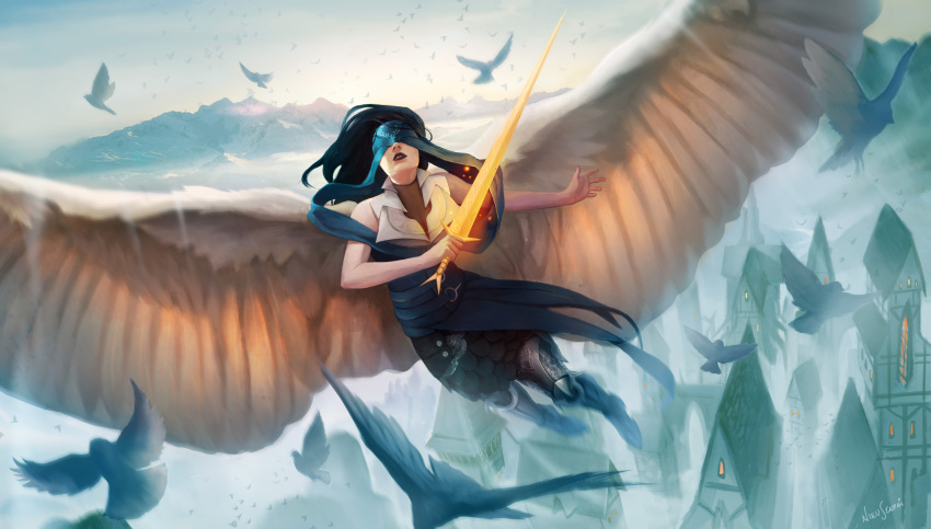 1girl absurdres angel angel_wings armor bird black_hair blindfold boots castle character_request day fantasy faulds feathered_wings flying_sweatdrops greaves highres holding holding_sword holding_weapon long_hair magic:_the_gathering nikusenpai outdoors scenery signature solo spread_wings sword weapon wings