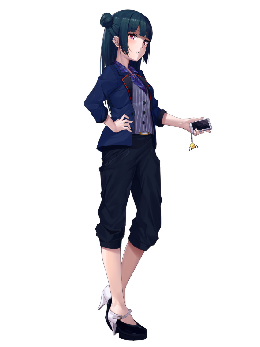 1girl :o bangs belt_buckle black_footwear black_pants blue_hair blue_jacket blue_shirt blunt_bangs blush buckle buttons charm_(object) collared_shirt eyebrows_visible_through_hair full_body ginopi hand_on_hip high_heels highres holding holding_phone jacket long_hair long_sleeves looking_at_viewer love_live! love_live!_sunshine!! no_socks open_clothes open_jacket pants parted_lips phone pink_eyes plaid plaid_shirt shirt side_bun simple_background solo standing straight_hair tsushima_yoshiko vertical-striped_vest vest white_background wing_collar