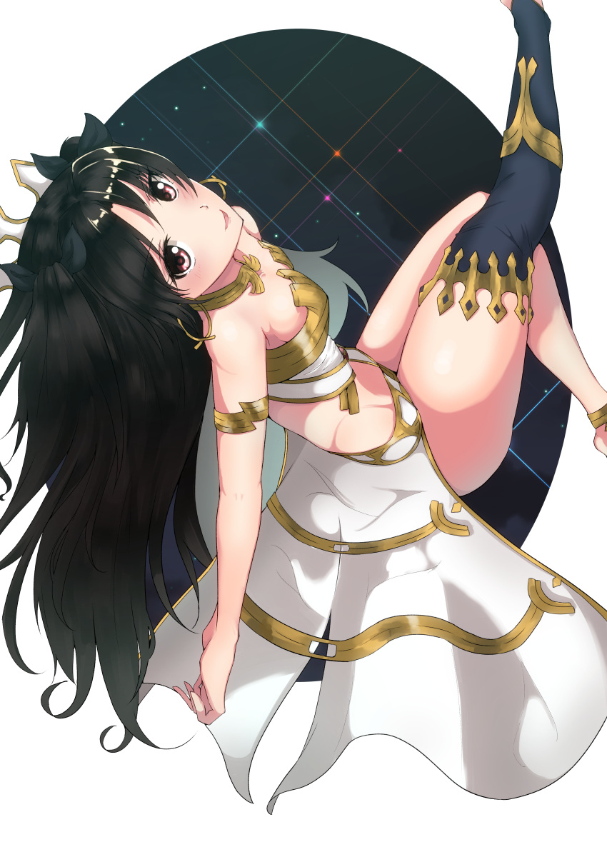 1girl absurdres anklet asymmetrical_legwear bangs black_hair black_ribbon crown detached_collar earrings fate/grand_order fate_(series) hair_ribbon highres hip_bones hoop_earrings ishtar_(fate/grand_order) jewelry looking_at_viewer midriff misonikomi neck_ring parted_bangs pelvic_curtain red_eyes ribbon single_thighhigh smile solo thigh-highs tohsaka_rin two_side_up