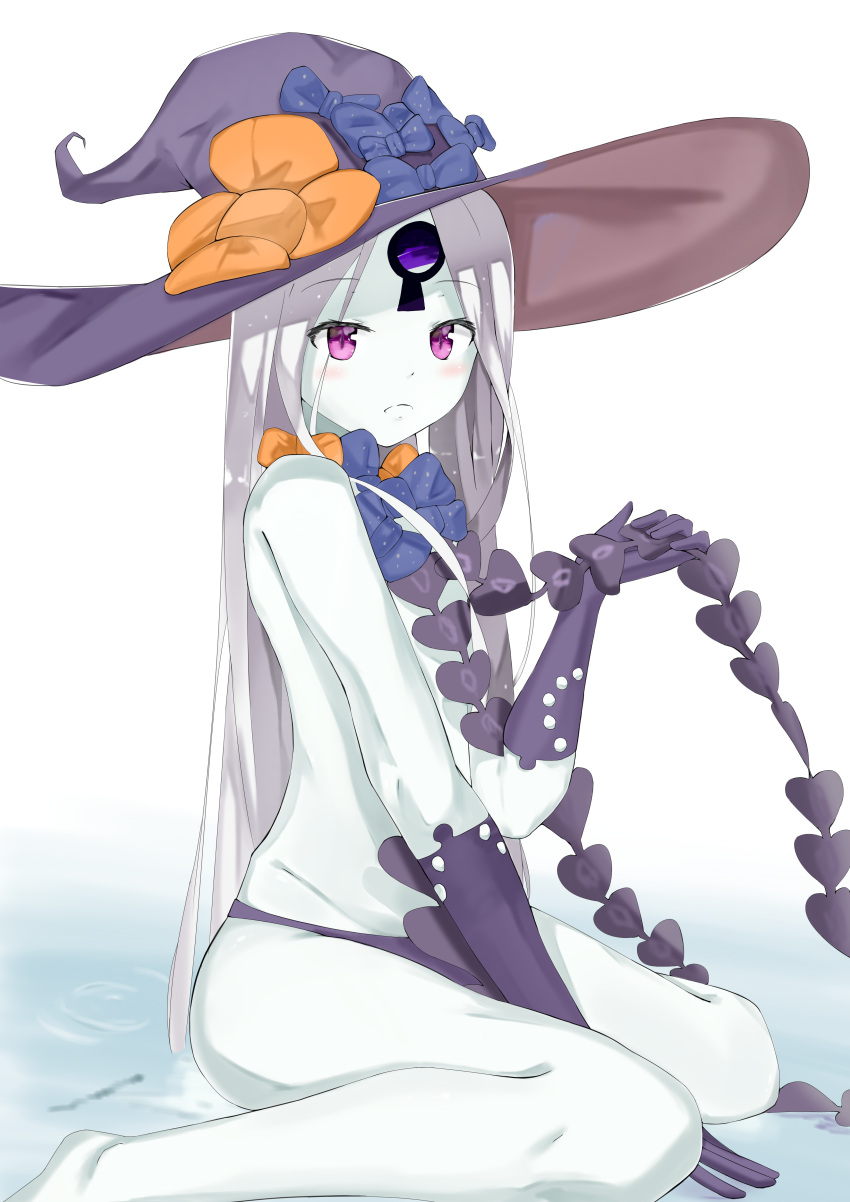 1girl abigail_williams_(fate/grand_order) absurdres bangs blue_bow blush bow closed_mouth commentary_request elbow_gloves eyebrows_visible_through_hair fate/grand_order fate_(series) gloves hat hat_bow highres holding long_hair looking_at_viewer looking_to_the_side orange_bow pale_skin panties parted_bangs purple_gloves purple_hat purple_panties revealing_clothes silver_hair sitting sog-igeobughae solo topless underwear very_long_hair violet_eyes wariza water white_background witch_hat