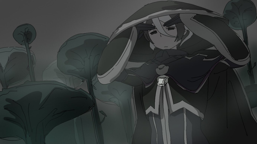 1girl black_cape black_eyes black_hair black_jacket cape closed_mouth commentary_request gauntlets hair_between_eyes hands_up hat jacket jitome long_sleeves looking_at_viewer made_in_abyss multicolored_hair ozen servomotorr short_hair solo standing two-tone_hair whistle