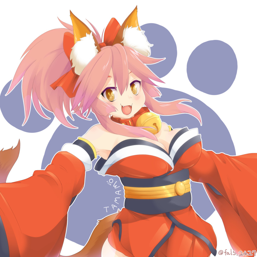 @_@ animal_ears bare_shoulders bell bell_collar blush bow breasts cat_hair_ornament character_name cleavage collar detached_sleeves fangs fate/extra fate/grand_order fate_(series) fox_ears fox_tail hair_bow hair_ornament hair_ribbon highres jingle_bell large_breasts paws pink_hair ponytail ribbon tail tamamo_(fate)_(all) tamamo_cat_(fate) yellow_eyes