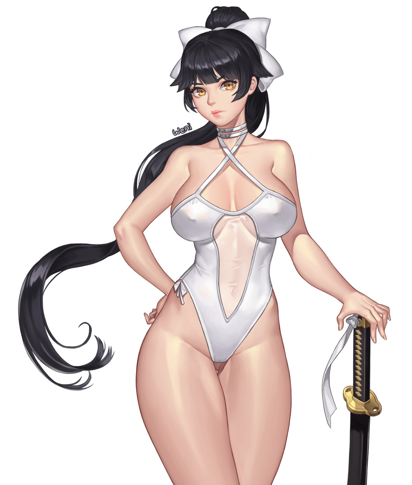 1girl absurdres azur_lane bangs bare_arms bare_shoulders black_hair blunt_bangs bow breasts closed_mouth cowboy_shot criss-cross_halter erect_nipples fingernails gluteal_fold hair_bow halterneck hand_on_hilt hand_on_hip highleg highleg_swimsuit highres karmiel katana large_breasts legs_together lips long_hair one-piece_swimsuit pink_lips ponytail signature simple_background solo swimsuit sword takao_(azur_lane) thigh_gap very_long_hair weapon white_background white_bow white_swimsuit yellow_eyes