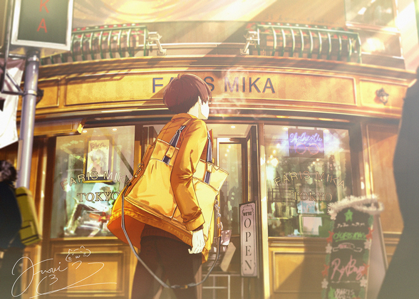 1boy bag black_pants breath brown_hair building cowboy_shot day door facing_away from_behind fusui glasses jacket light_rays long_sleeves male_focus original outdoors pants shopping_bag shoulder_bag sign signature solo_focus standing storefront sunbeam sunlight town yellow_jacket