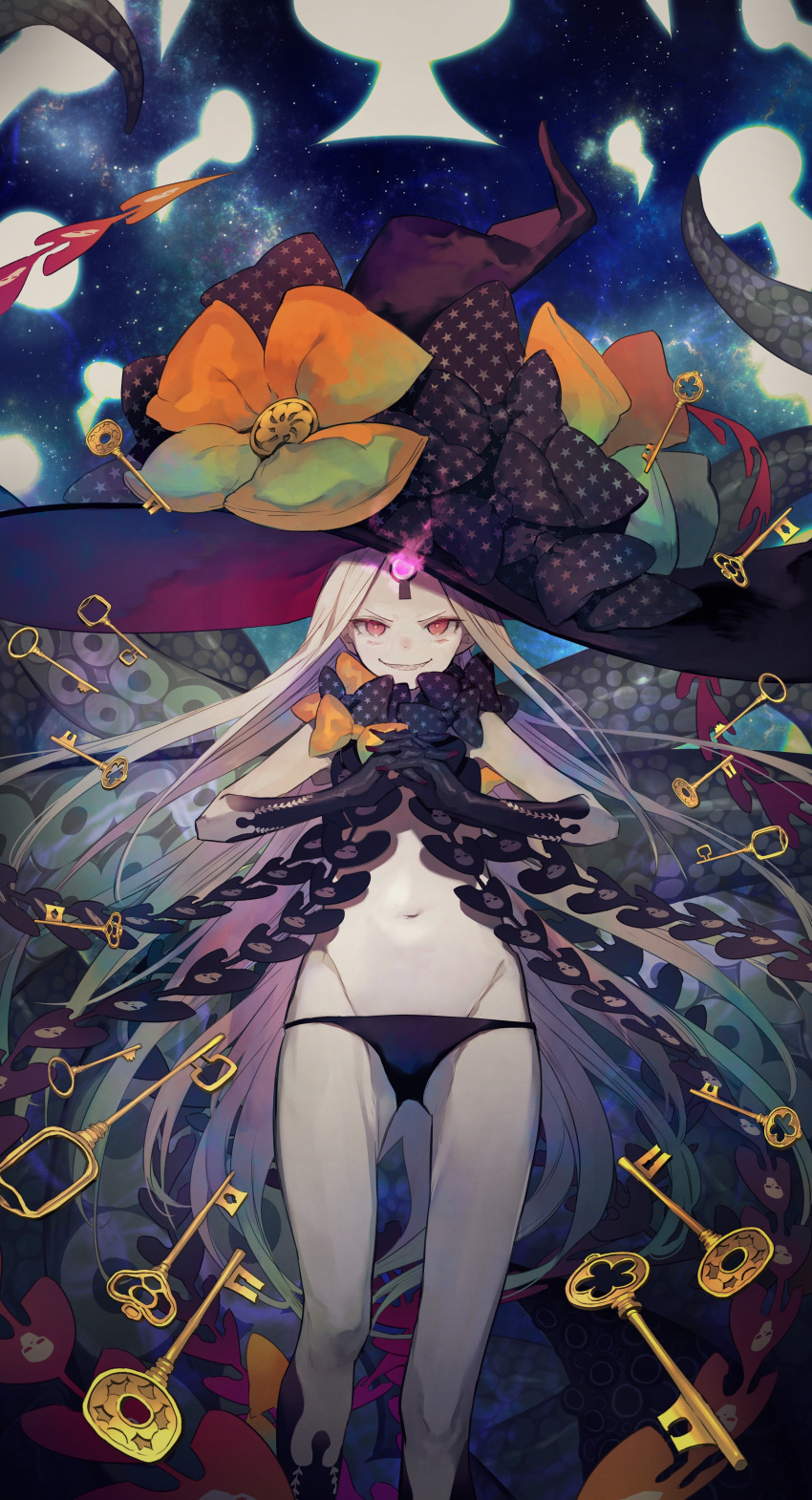 1girl abigail_williams_(fate/grand_order) absurdres bangs black_bow black_gloves black_hat black_legwear black_panties bow commentary_request elbow_gloves evil_grin evil_smile fate/grand_order fate_(series) gloves glowing gluteal_fold grin groin hat hat_bow highres interlocked_fingers key keyhole kneehighs long_hair looking_at_viewer navel nozaki_tsubata orange_bow pale_skin panties parted_bangs print_bow red_eyes revealing_clothes sharp_teeth skull_print smile solo space star star_print suction_cups teeth tentacle topless tsurime underwear v-shaped_eyebrows very_long_hair white_hair witch_hat
