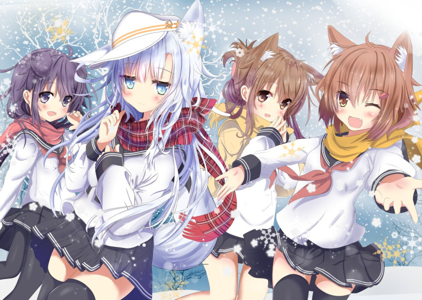 4girls ;d ahoge akatsuki_(kantai_collection) animal_ears aruka_(alka_p1) bangs black_legwear black_skirt blue_eyes blue_hair brown_eyes brown_hair brown_neckwear brown_scarf cat_ears closed_mouth commentary_request day dog_ears eyebrows_visible_through_hair fang fingers_together flat_cap folded_ponytail fringe hair_between_eyes hair_ornament hairclip hammer_and_sickle hat hibiki_(kantai_collection) ikazuchi_(kantai_collection) inazuma_(kantai_collection) kantai_collection long_hair long_sleeves looking_at_viewer multiple_girls neckerchief no_hat no_headwear one_eye_closed open_mouth outdoors pantyhose plaid plaid_scarf pleated_skirt purple_hair red_scarf scarf school_uniform serafuku shirt short_hair skirt sleeves_past_wrists smile snow snowflakes snowing star tail thigh-highs verniy_(kantai_collection) very_long_hair violet_eyes white_hat white_shirt wolf_ears wolf_girl wolf_tail yellow_scarf