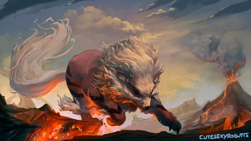 arcanine artist_name clouds cloudy_sky eruption fire mane molten_rock no_humans pokemon pokemon_(game) pokemon_rgby signature sky solo tail volcano