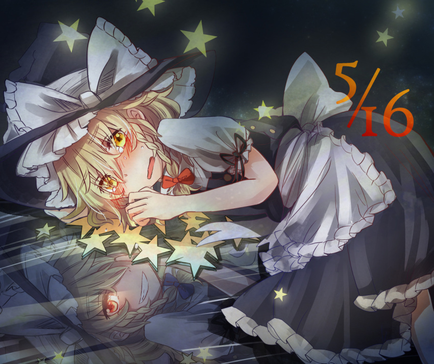 1girl apron blonde_hair braid crying dark_persona different_reflection evil_smile grin hair_over_one_eye hair_ribbon hat kirisame_marisa lying on_side red_eyes reflection ribbon short_hair sky smile star tears tigern touhou witch_hat yellow_eyes