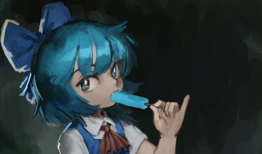 1girl blue_dress blue_eyes blue_hair bow cirno dress flat_chest food food_in_mouth hair_bow looking_at_viewer oreoppi pinky_out popsicle short_hair solo touhou
