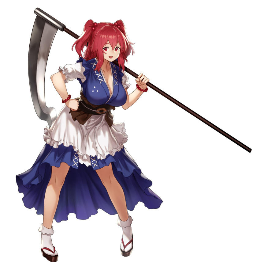 1girl bracelet breasts cleavage commentary_request full_body hair_bobbles hair_ornament hand_on_hip highres holding holding_scythe houtengeki japanese_clothes jewelry large_breasts looking_at_viewer onozuka_komachi open_mouth puffy_short_sleeves puffy_sleeves red_eyes redhead sandals scythe short_sleeves simple_background smile socks solo standing touhou two_side_up white_background white_legwear