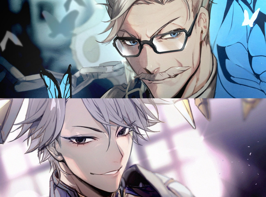 2boys black_eyes blue_eyes bug butterfly chain facial_hair fate/grand_order fate_(series) glasses grey_hair highres james_moriarty_(fate) james_moriarty_(ruler)_(fate) male_focus multiple_boys mustache no-kan smile