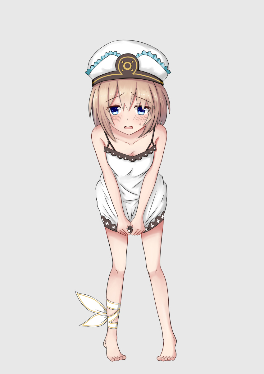 1girl absurdres bare_shoulders barefoot blanc blue_eyes blush bow breasts brown_hair cleavage collarbone dress dress_tug embarrassed full_body hat highres looking_at_viewer neptune_(series) open_mouth short_hair simple_background small_breasts solo spaghetti_strap sweatdrop white_bow white_dress