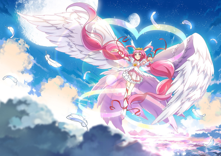 1girl antenna_hair arm_ribbon asymmetrical_legwear boots choker cure_happy dress feathered_wings feathers flying head_wings hoshi_(xingspresent) hoshizora_miyuki layered_dress long_hair magical_girl pink_dress pink_eyes pink_hair precure ribbon smile smile_precure! solo twintails ultra_cure_happy white_footwear white_wings wings