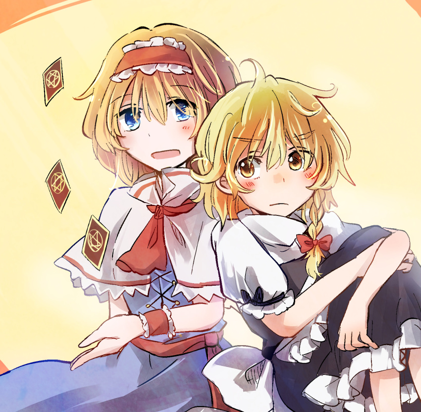 2girls alice_margatroid apron blonde_hair blue_eyes blush bow braid capelet card dress hair_bow highres kirisame_marisa leaning_on_person leg_hug looking_at_viewer multiple_girls necktie short_hair sitting tigern touhou wrist_cuffs yellow_eyes