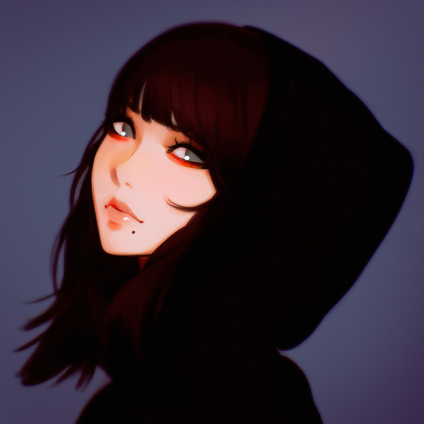 1girl black_eyes brown_hair close-up face hood hoodie ilya_kuvshinov lips long_hair looking_at_viewer looking_back mole mole_under_mouth original simple_background solo